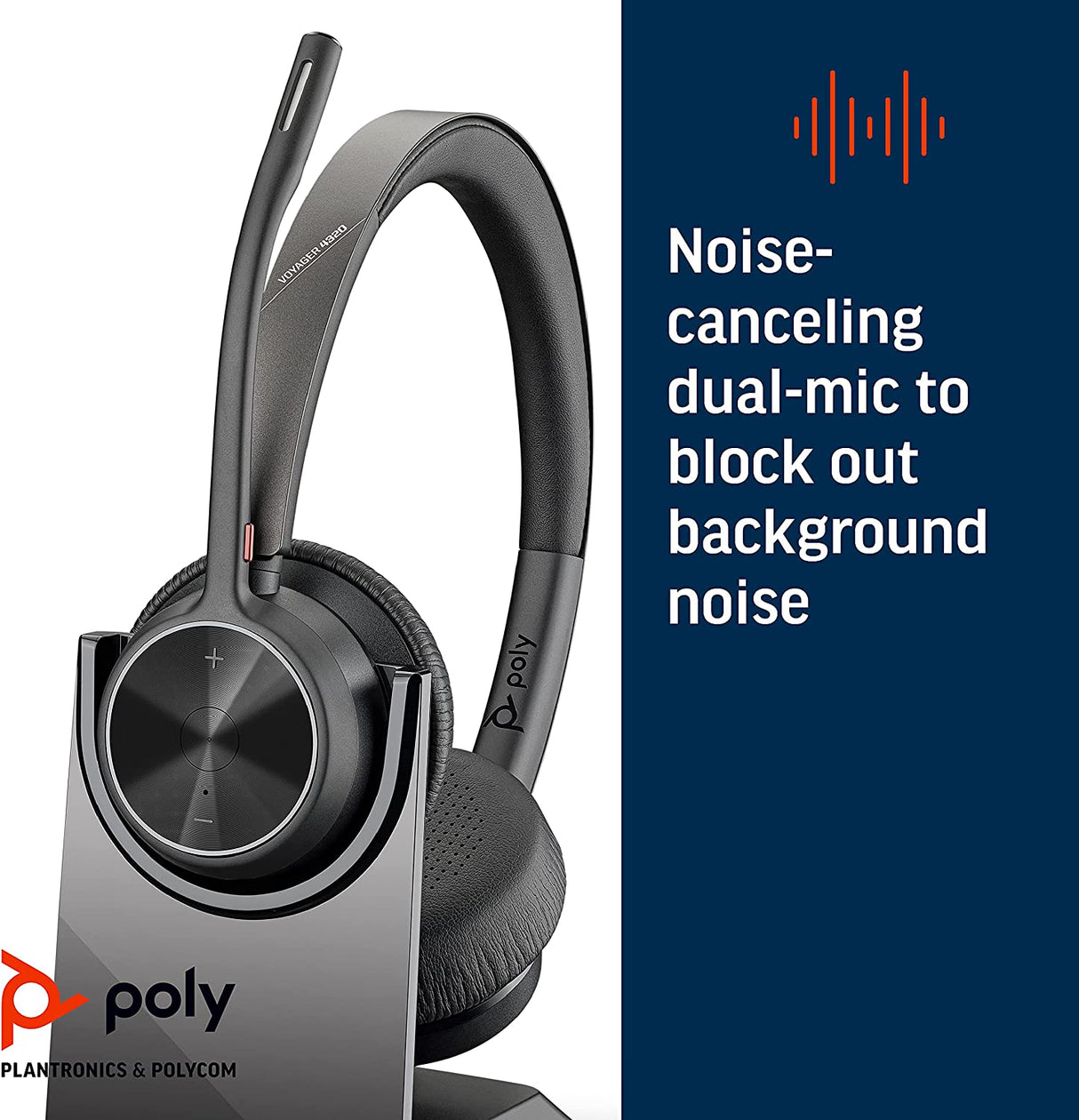 Poly - Voyager 4320 UC Wireless Headset + Charge Stand (Plantronics) - Headphones with Boom Mic - Connect to PC/Mac via USB-A Bluetooth Adapter, Cell Phone via Bluetooth - Works with Teams, Zoom &amp;More Headset + Charge Stand USB-A