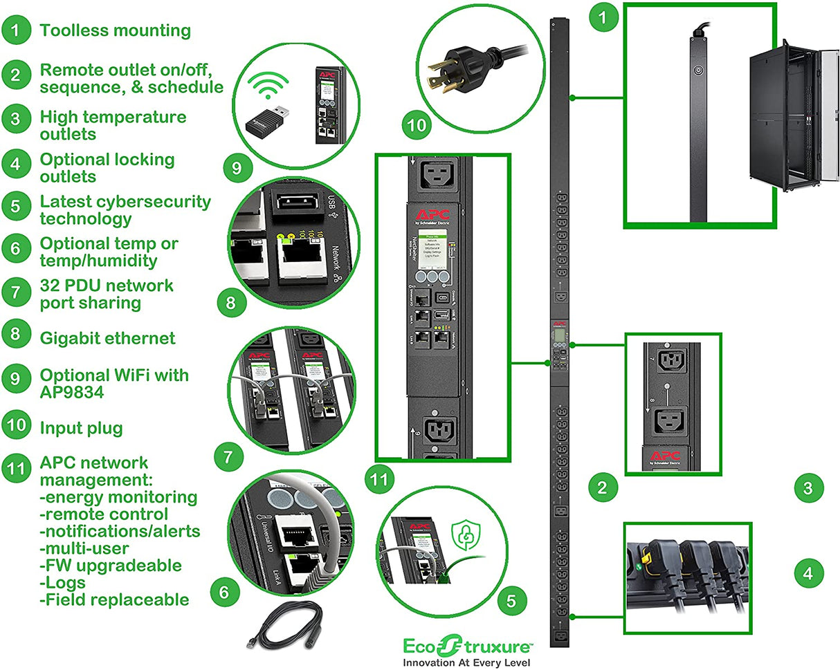 APC NetShelter Switched Rack PDU, 9000 Series, APDU9959NA3, 0U Vertical, 208V, 16A, Input Plug L6-20P, 9.8' Cord