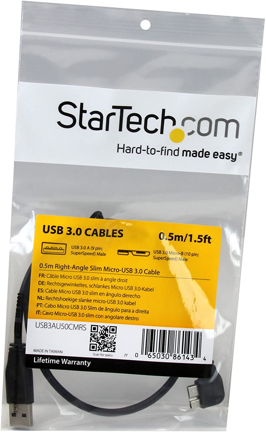 StarTech.com 0.5m 20in Slim Micro USB 3.0 Cable M/M - Right-Angle Micro-USB - USB 3.0 A to Micro B - Angled Micro USB 3.1 Gen 1 5Gbps (USB3AU50CMRS) , Black 20in / 50cm Right Angled Connector