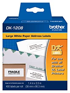 Brother, Die-Cut Large Address Labels, DK-1208, Brother Genuine Labels, Long Lasting Reliability, Die-Cut Large Address Paper Labels, 400 Labels per Roll, (1) Roll per Box 1 Roll