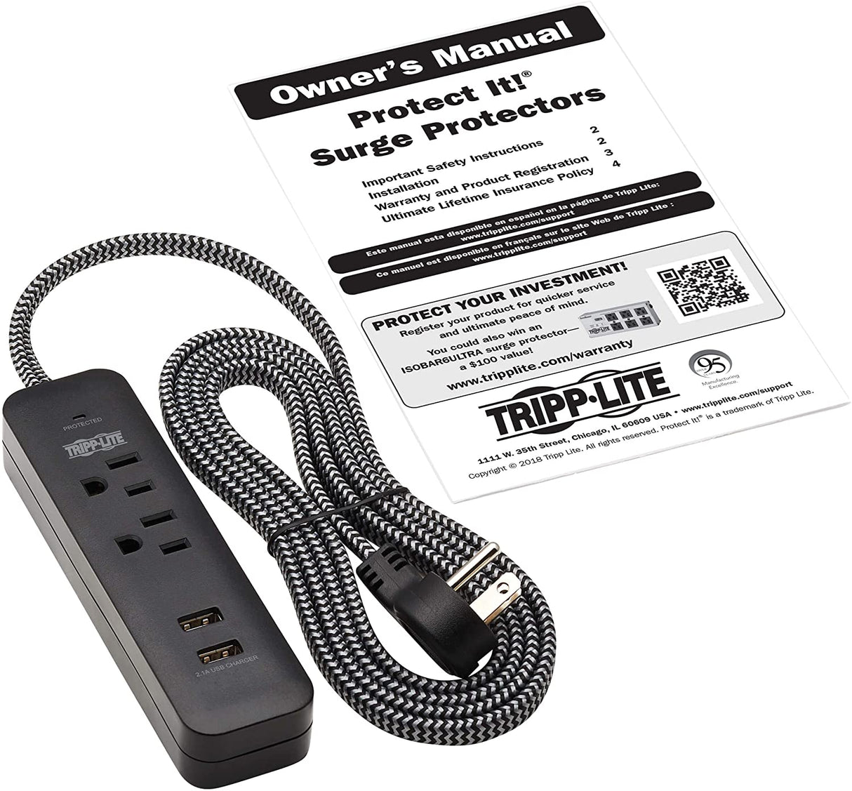 Tripp Lite Surge Protector Power Strip 2-Outlet w 2 USB Ports 2.1A 6ft Cord, 5-15P Plug, 450 Joules, Black (TLP206USB)