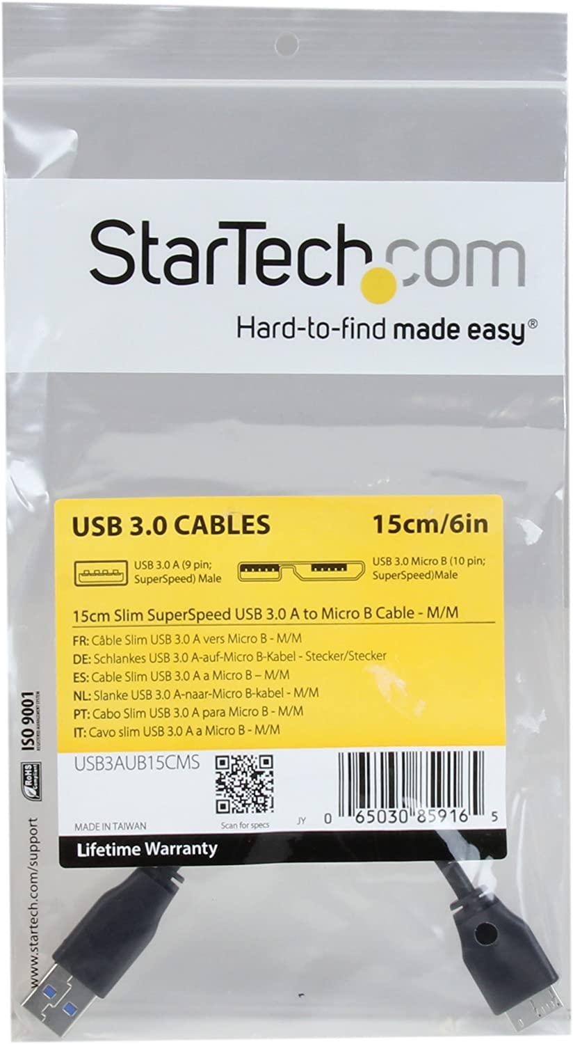 StarTech.com 15cm 6in Short Slim USB 3.0 A to Micro B Cable M/M - Mobile Charge Sync USB 3.0 Micro B Cable for Smartphones and Tablets (USB3AUB15CMS)