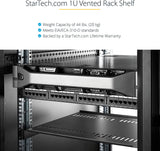 StarTech.com 1U Server Rack Shelf - Universal Vented Rack Mount Cantilever Tray for 19" Network Equipment Rack &amp; Cabinet - Heavy Duty Steel - Weight Capacity 50lb/23kg - 10" Deep, Black (CABSHELFV1U) 1U 10" Depth