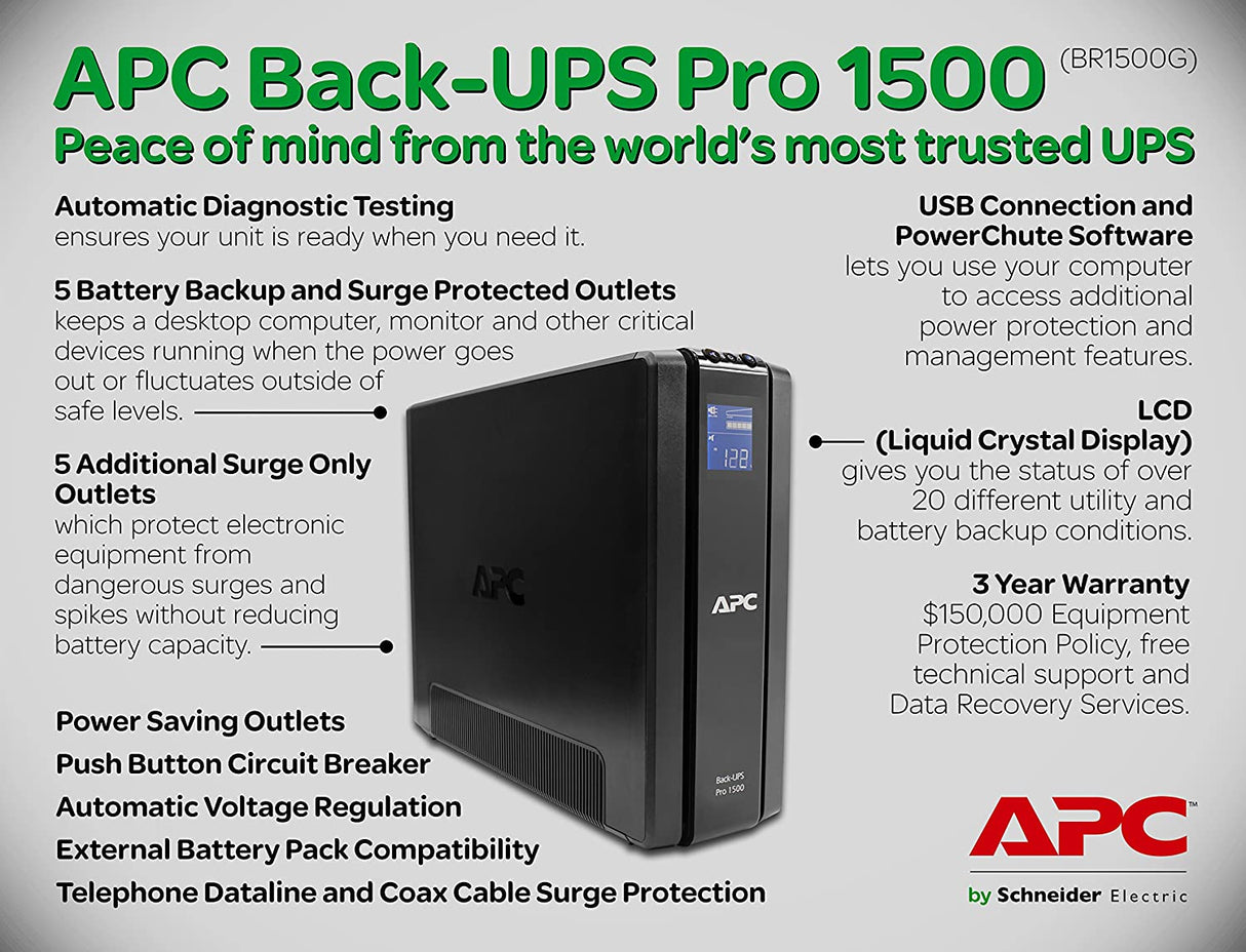 APC UPS 1500VA Battery Backup Surge Protector, BR1500G Backup Battery Power Supply with AVR BR1500G BR1500G UPS