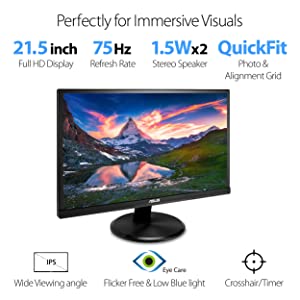 Asus VA229HR 21.5” Monitor Frameless 1080P 75Hz IPS Eye Care HDMI VGA with 178° Wide Viewing Angle,Black