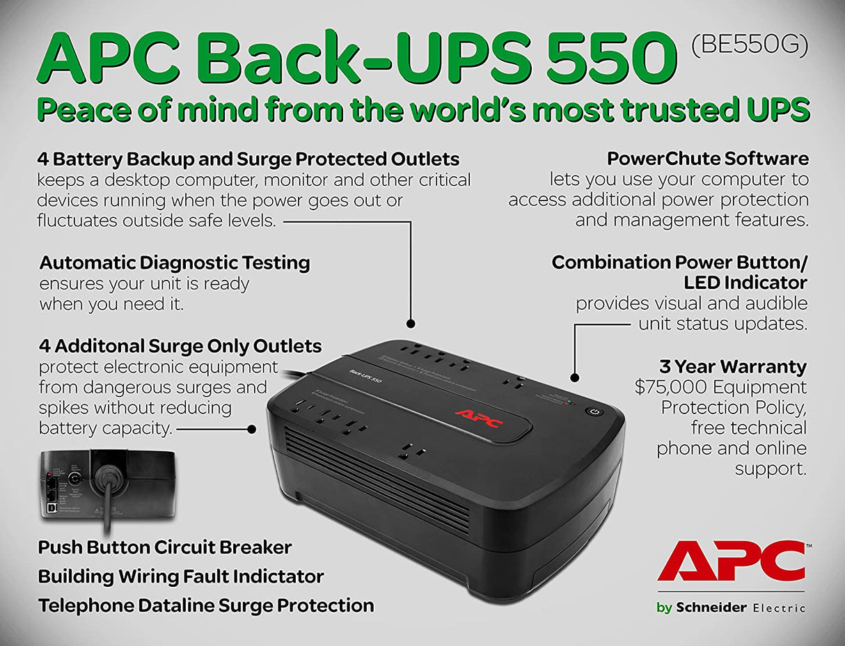 APC UPS Battery Backup for Computer, BE550G Surge Protector with Battery Backup, Dataline Protection 550VA Battery Backup