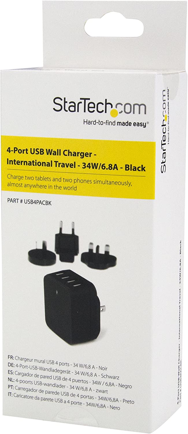 StarTech.com 4-Port Travel USB Wall Charger - 34W/6.8A International Travel Adapter - Portable USB Charging Station (USB4PACBK), Black Black 4 ports