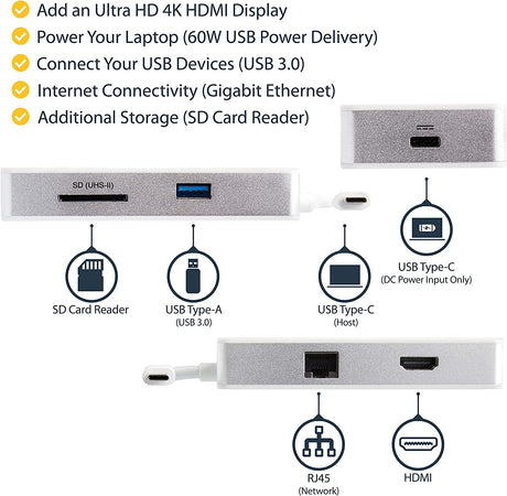 StarTech.com USB C Multiport Adapter - 4K HDMI - SD/SDHC/SDXC - Power Delivery (USB PD) - USB-C to USB Adapter - USB Type C Adapter (DKT3CHSD4GPD)