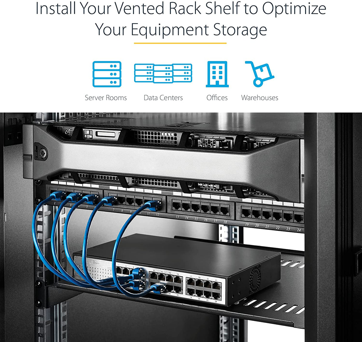 Middle atlantic 1U Server Rack Shelf - Universal Vented Rack Mount Cantilever Tray for 19" Network Equipment Rack &amp; Cabinet - Heavy Duty Steel – Weight Capacity 44lb/20kg - 12" Deep Shelf, Black (SHELF-1U-12-FIXED-V) 1U 12" Depth