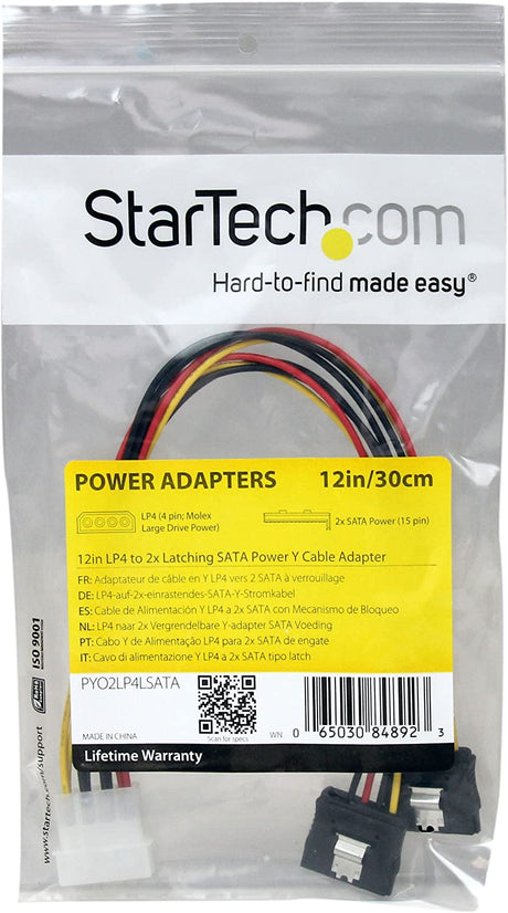 StarTech.com 12in LP4 to 2x Latching SATA Power Y Cable Splitter Adapter - 4 Pin LP4 to Dual SATA Y Splitter (PYO2LP4LSATA)