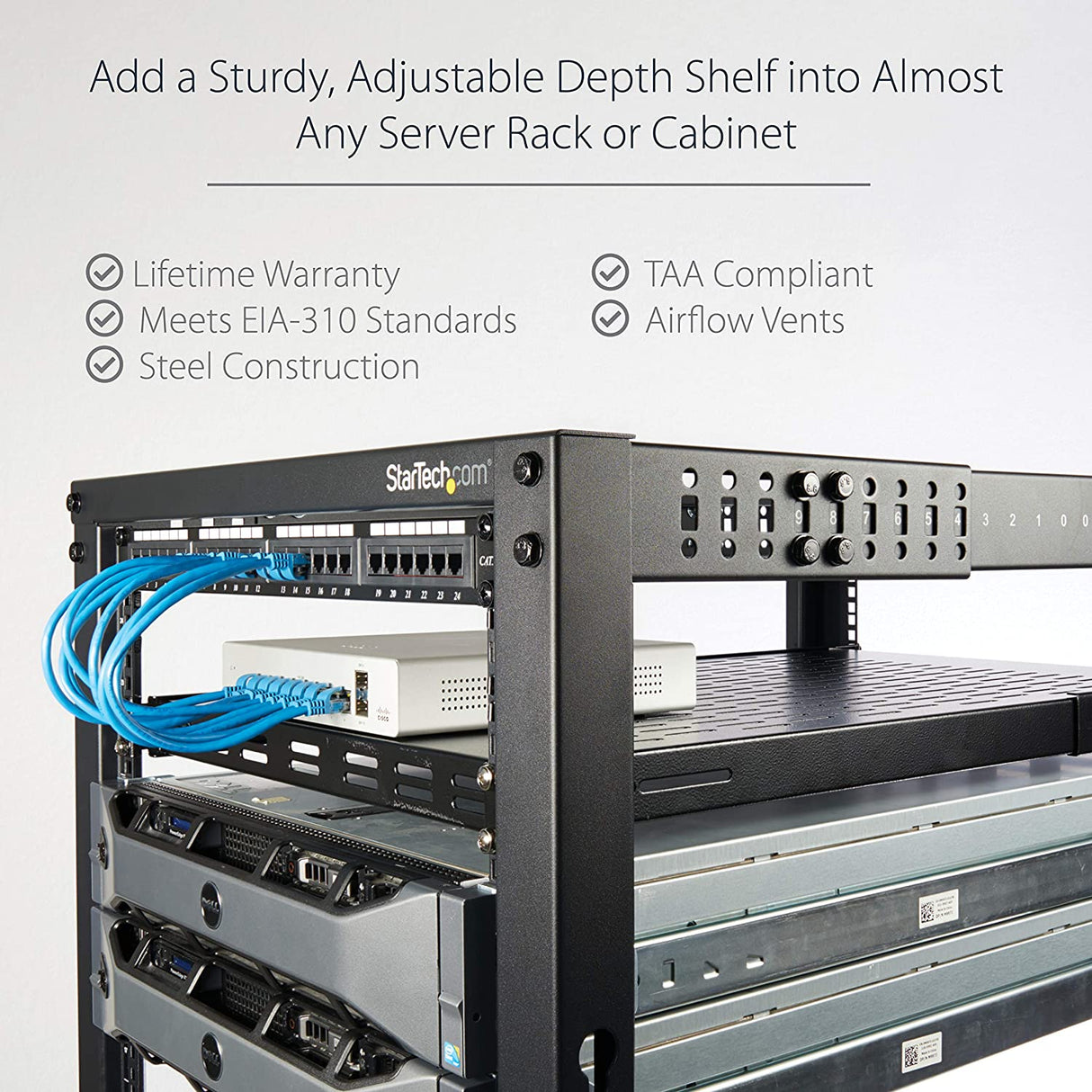 StarTech.com 1U Adjustable Vented Server Rack Mount Shelf - 175lbs - 19.5 to 38in Adjustable Mounting Depth Universal Tray for 19" AV/ Network Equipment Rack - 27.5in Deep (ADJSHELF) 175 lbs | Vented Shelf