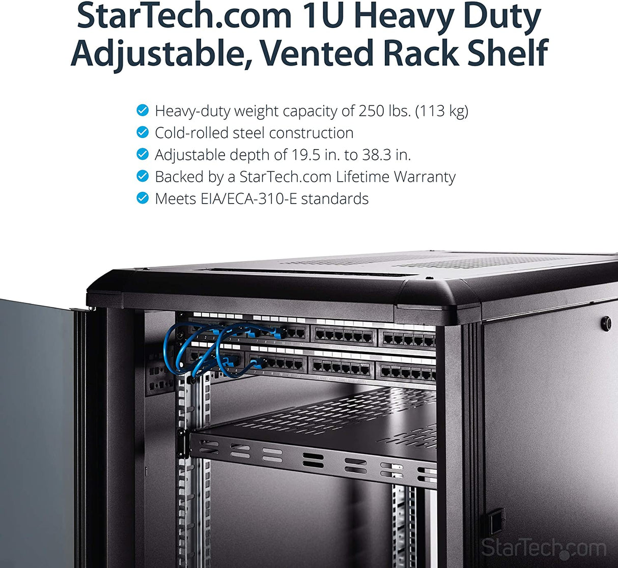 1U 4-Post Adjustable Vented Server Rack Mount Shelf - 330lbs(150 kg) - 19.5  to 38in Adjustable Mounting Depth Universal Tray for 19 AV/ Network