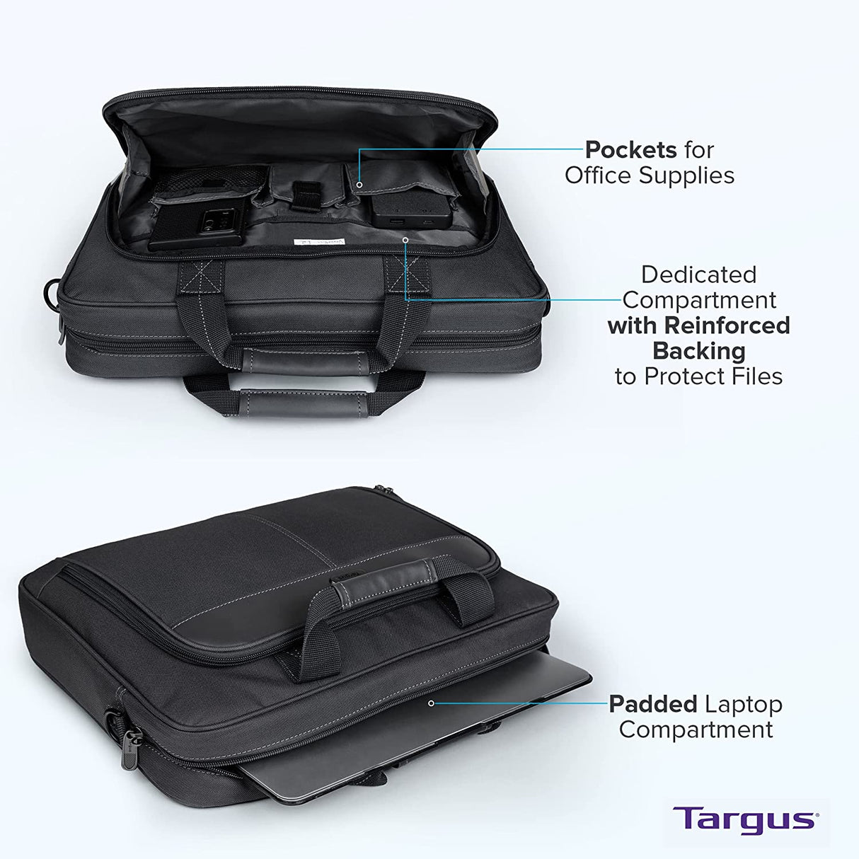 Targus Laptop Bag — Black 15.6" Classic Slim Briefcase Messenger Bag, Spacious, Ergonomic, Foam Padded Laptop Case for Devices Up To 16" (TCT027US)