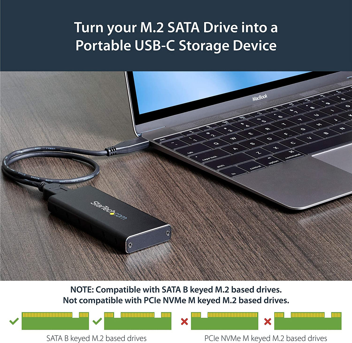 StarTech.com M.2 SSD Enclosure for M.2 SATA SSDs - USB 3.1 (10Gbps) with USB-C Cable - External Enclosure for USB-C Host - Aluminum (SM21BMU31C3) Basic M.2 SATA