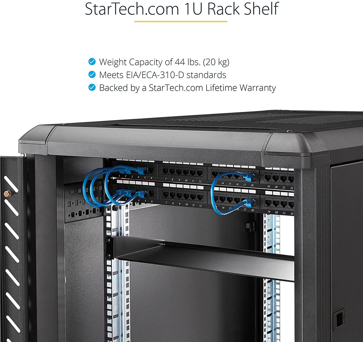 StarTech.com 1U Server Rack Shelf - Universal Rack Mount Cantilever Shelf for 19" Network Equipment Rack &amp; Cabinet - Heavy Duty Steel Weight Capacity 44lb/20kg - 16" Deep Tray, Black (CABSHELF116)