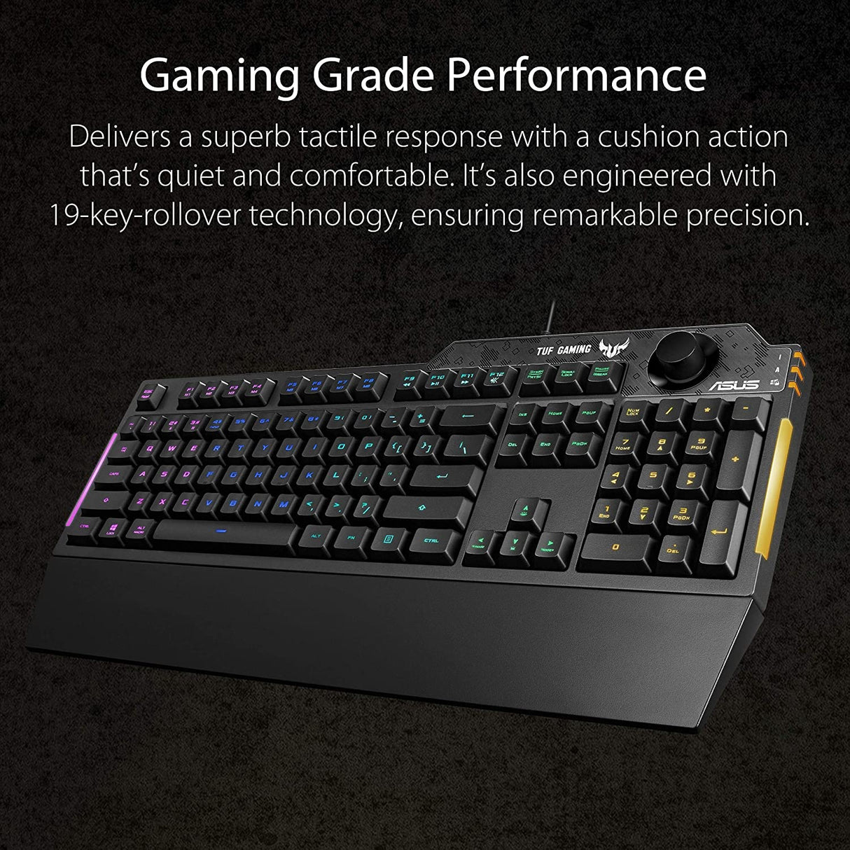 ASUS Membrane Gaming Keyboard for PC - TUF K1 | Programmable, Onboard Memory | Dedicated Volume Knob, Aura Sync RGB &amp; Side Lighting | Detachable Wrist Rest | Spill-Resistant | Highly Durable | Black TUF K1 Keyboard