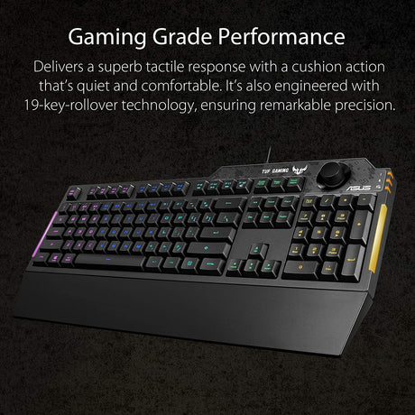 ASUS Membrane Gaming Keyboard for PC - TUF K1 | Programmable, Onboard Memory | Dedicated Volume Knob, Aura Sync RGB &amp; Side Lighting | Detachable Wrist Rest | Spill-Resistant | Highly Durable | Black TUF K1 Keyboard