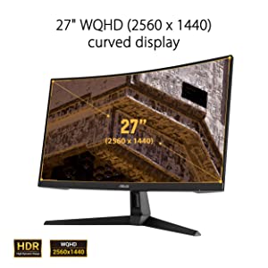 ASUS TUF Gaming 27" 1440P HDR Curved Monitor (VG27WQ1B) - QHD (2560 x 1440), 165Hz (Supports 144Hz), 1ms, Extreme Low Motion Blur, Speaker, FreeSync Premium, VESA Mountable, DisplayPort, HDMI , BLACK 27" Curved QHD 1ms 165Hz FreeSync Premium Monitor