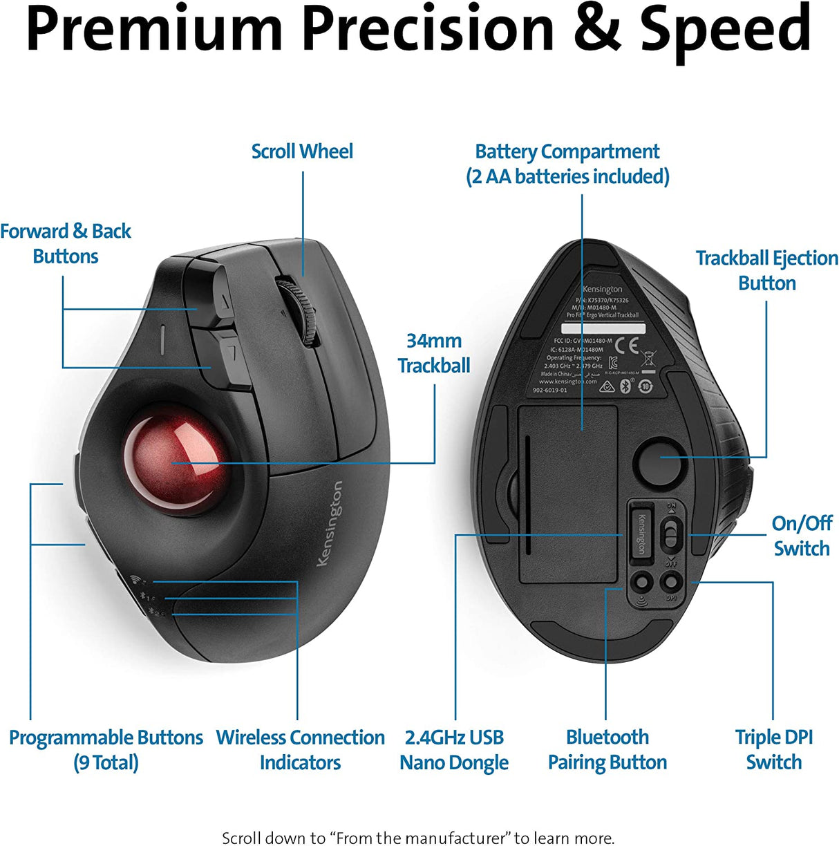 Kensington Pro Fit® Ergo Vertical Wireless Trackball (K75326WW)