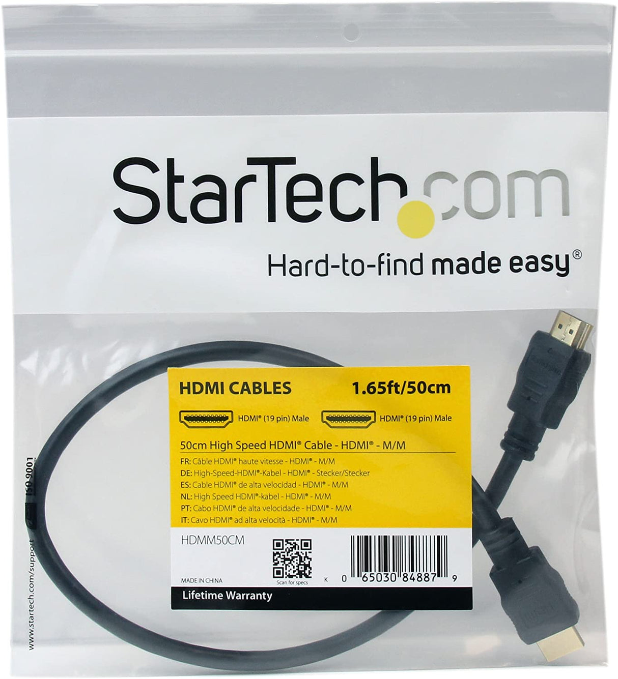 StarTech.com 50cm (1.6ft) HDMI Cable - 4K High Speed HDMI Cable with Ethernet - UHD 4K 30Hz Video - HDMI 1.4 Cable - Ultra HD HDMI Monitors, Projectors, TVs &amp; Displays - Black HDMI Cord - M/M 0.5 meter