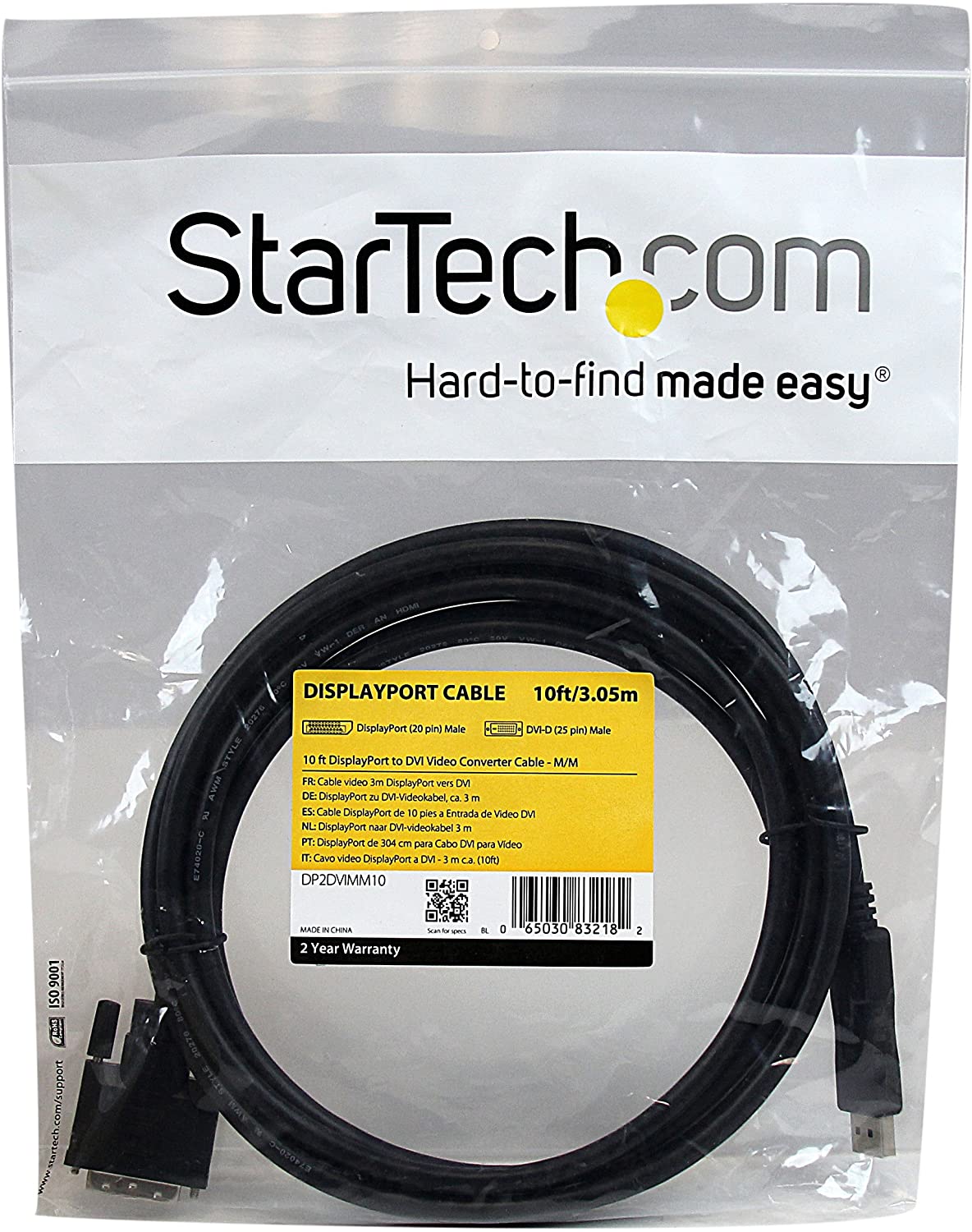 StarTech.com 10ft (3m) DisplayPort to DVI Cable - DisplayPort to DVI Adapter Cable 1080p Video - DisplayPort to DVI-D Cable Single Link - DP to DVI Monitor Cable - DP 1.2 to DVI Converter (DP2DVIMM10) 3m (10ft) Standard Packaging