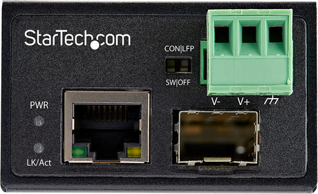 StarTech.com Industrial Fiber to Ethernet Media Converter - 100Mbps SFP to RJ45/Cat6 - Singlemode/Multimode Optical Fiber to Copper Network - 12-56V DC - IP-30/ -40 to +75C (IMC100MSFP)