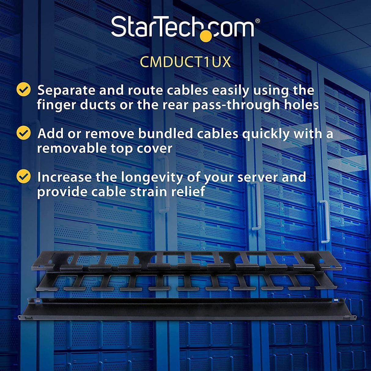 StarTech 1U Horizontal Finger Duct Rack Cable Management Panel with Cover CMDUCT1UX, Black 1U Finger Duct