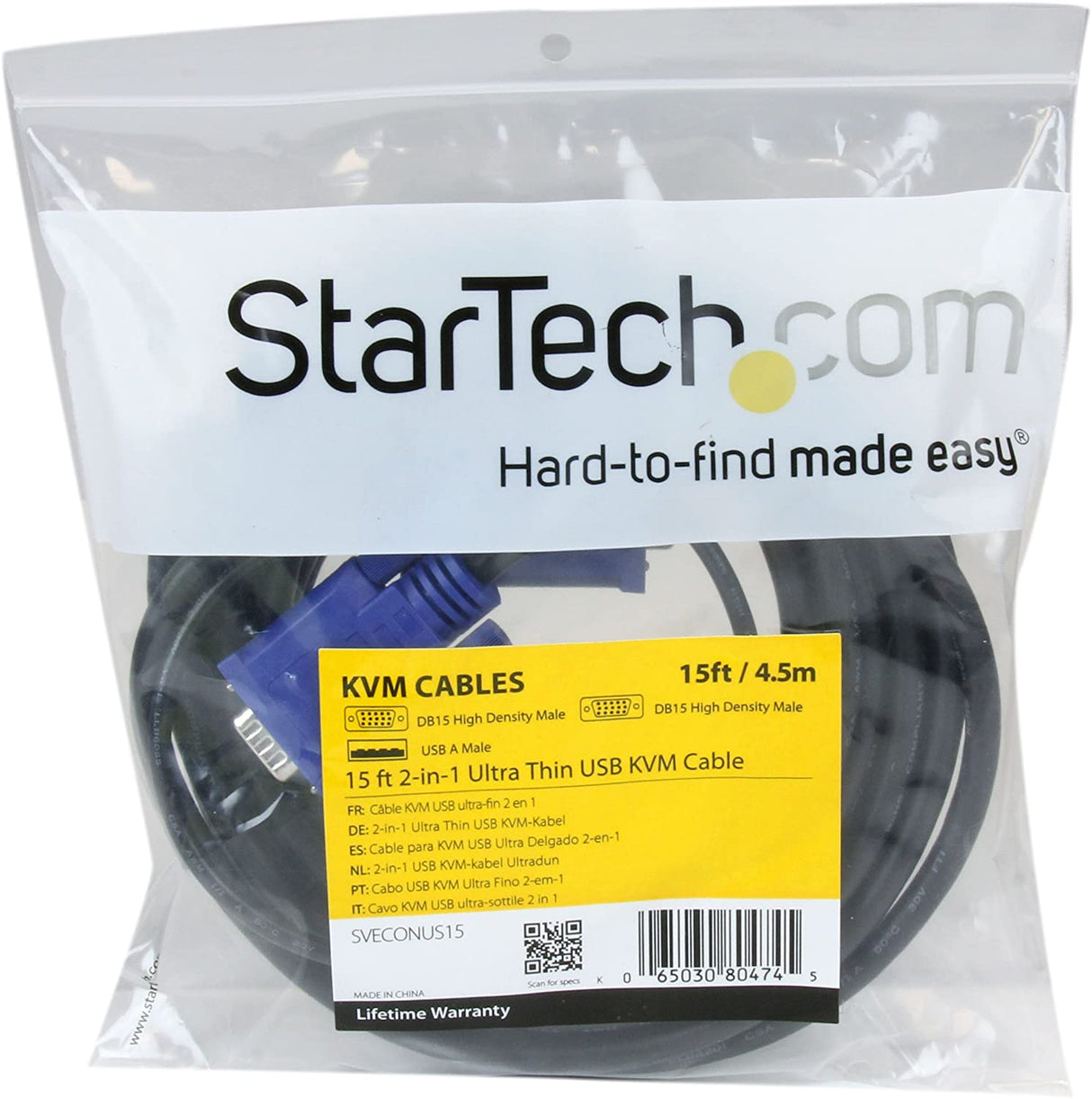 StarTech.com 15 ft 2-in-1 Ultra Thin USB KVM Cable - Video / USB cable - USB, HD-15 (VGA) (M) to HD-15 (VGA) (M) - 15 ft - black - SVECONUS15 15 ft / 4.5m - VGA Integrated USB