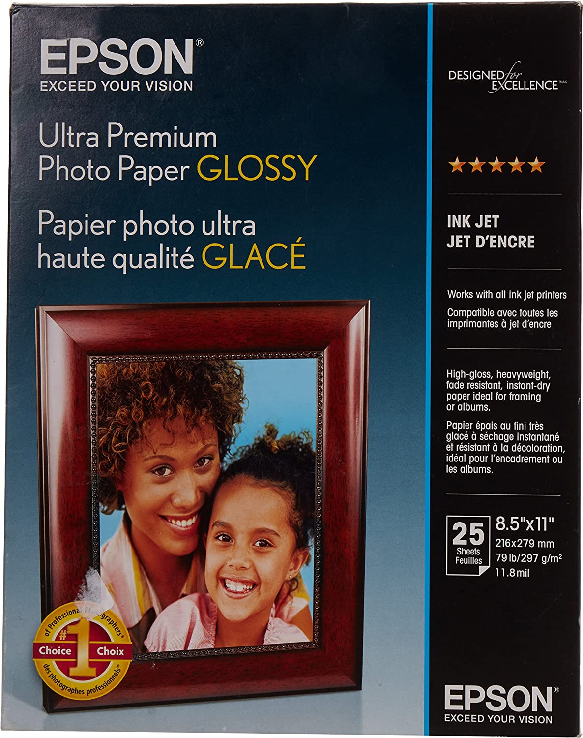 Epson Ultra Premium Photo Paper Glossy, Letter, 8.5 x 11, 25 Sheets (S042182), White