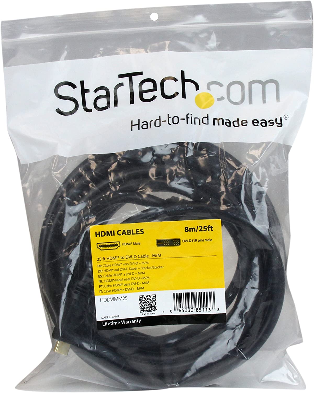 StarTech.com 25 ft HDMI® to DVI-D Cable - HDMI to DVI Adapter / Converter Cable - 1x DVI-D Male, 1x HDMI Male - Black, 25 feet (HDDVIMM25) 25 ft / 7.5 m Standard Packaging