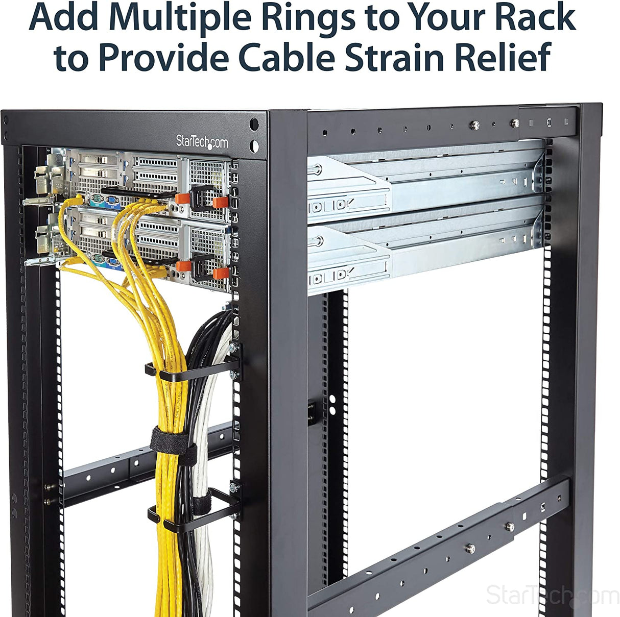 StarTech.com 1U Vertical 2.2 x 3.9in Server Rack Cable Management D-Ring Hook w/ Flexible Opening - Network Rack-Mount Cord Organizer Ring (CMHOOK1U),Black