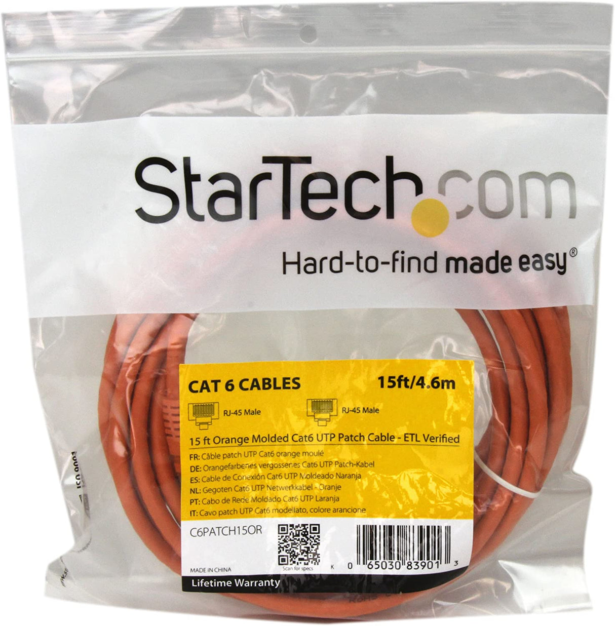 StarTech.com 15ft CAT6 Ethernet Cable - Orange CAT 6 Gigabit Ethernet Wire -650MHz 100W PoE++ RJ45 UTP Molded Category 6 Network/Patch Cord w/Strain Relief/Fluke Tested UL/TIA Certified (C6PATCH15OR) Orange 15 ft / 4.5 m 1 Pack