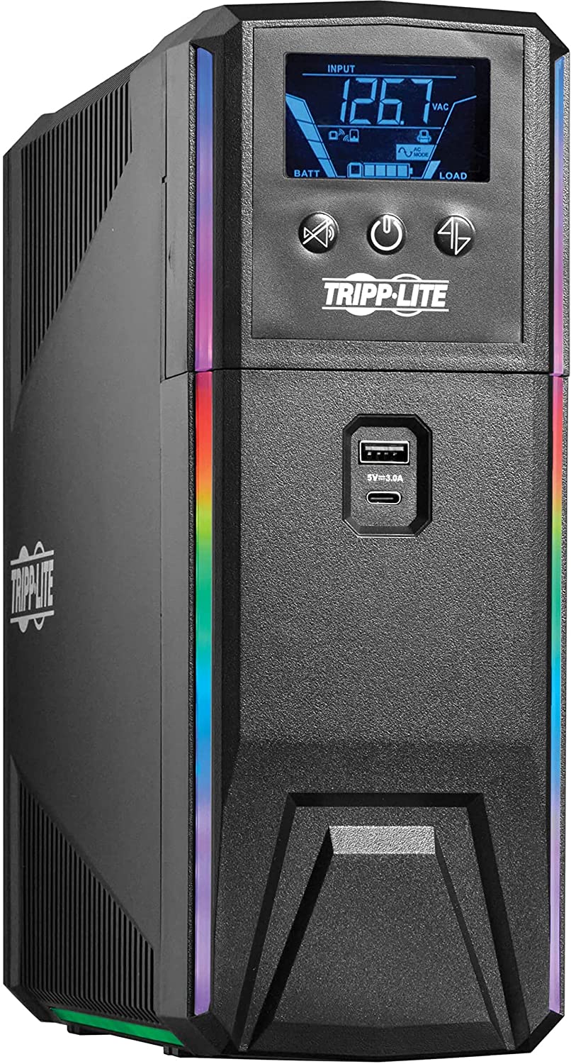 Tripp Lite Pure Sine Wave Gaming UPS Battery Backup, 600VA 360W 120V, Detachable LCD, Automatic Voltage Regulation, USB, RGB LED Lights, 3-Year Warranty &amp; $250K Insurance (SMART600PSGLCD) 600VA Gaming UPS
