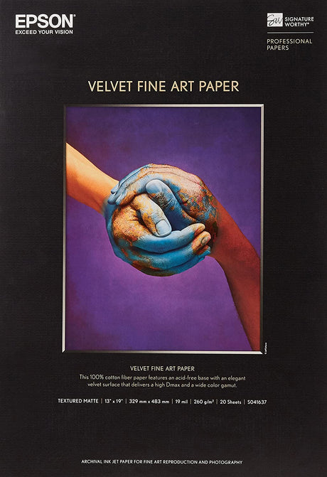 Epson S041637 Velvet Fine Art Paper, 13 x 19, White (Pack of 20 Sheets) 13 x 19 Inch