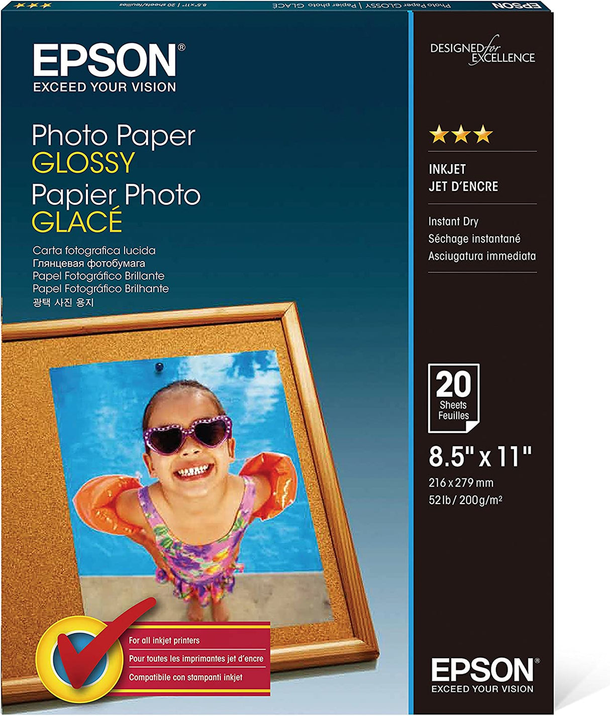 Epson Glossy Photo Paper, 8.5 x 11 Inches, 20 Sheets per Pack (S041141)