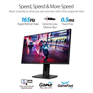 ASUS VG278QR 27” Gaming Monitor 165Hz Full HD (1920 x 1080) 0.5ms G-SYNC Eye Care DisplayPort HDMI DVI, Black 27" FHD 0.5ms 165Hz G-SYNC Height Adjustable