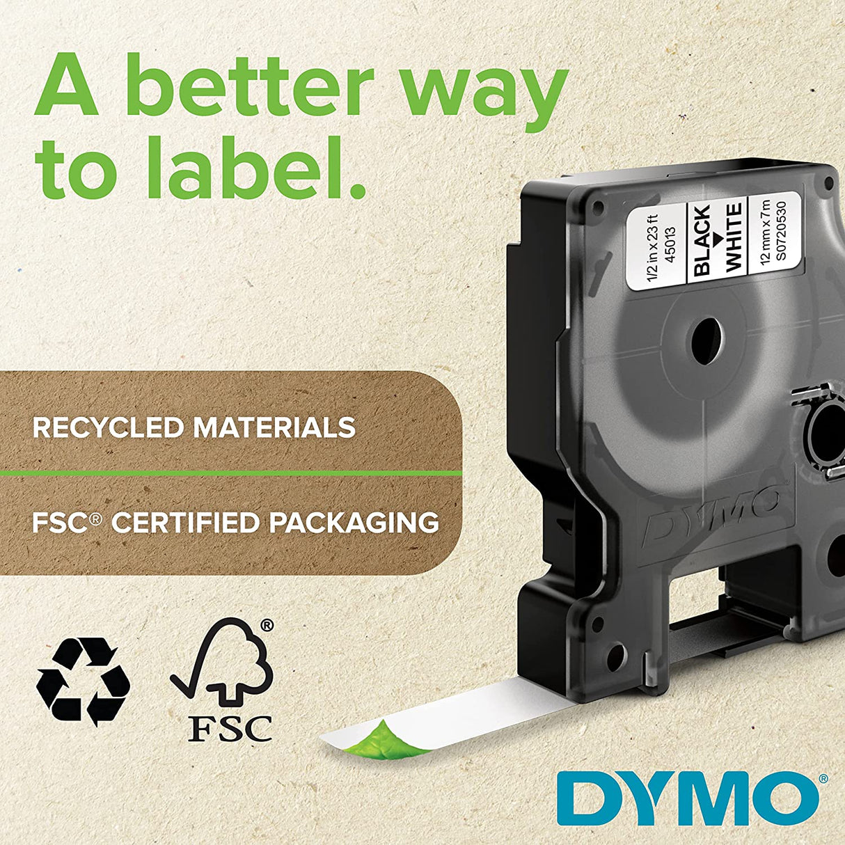 DYMO Standard D1 Labeling Tape for LabelManager Label Makers, Black Print on White Tape, 1/2'' W x 23' L, 1 catridge (45013) 1 Pack Polyester Tape