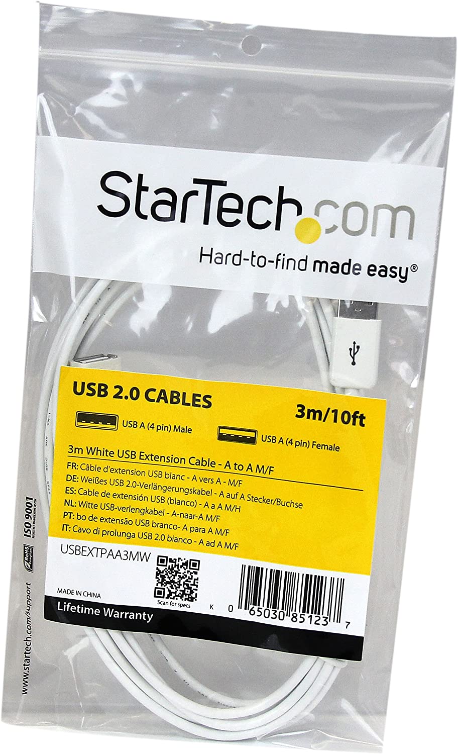 StarTech.com 3m White USB 2.0 Extension Cable Cord - A to A - USB Male to Female Cable - 1x USB A (M), 1x USB A (F) - White, 3 meter (USBEXTPAA3MW) White 10ft