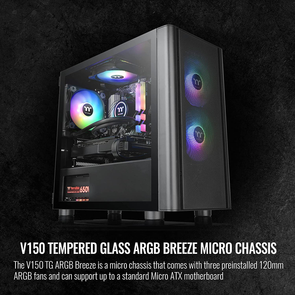 Thermaltake V150 TG Breeze ARGB Motherboard Sync mATX Computer Case with 3x120mm 5V ARGB Fan Pre-Installed, Tempered Glass Side Panel, Ventilated Front Mesh Panel, CA-1R1-00S1WN-02, Black V150 Black