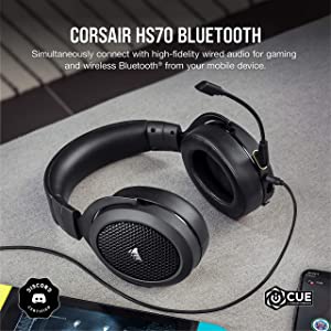 Corsair HS70 BLUETOOTH Wired Gaming Headset with Bluetooth (Wired Compatibility with Xbox/PlayStation and Wireless Bluetooth with PC/Switch/iOS/Android, Up to 30 Hours of Battery Life) Carbon