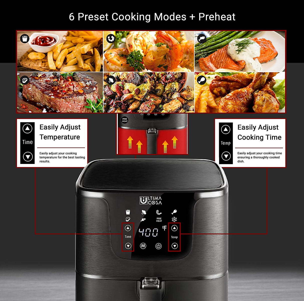 ULTIMA COSA Presto Luxe Plus AIR Fryer 5L Black 6 PRE Set Cooking