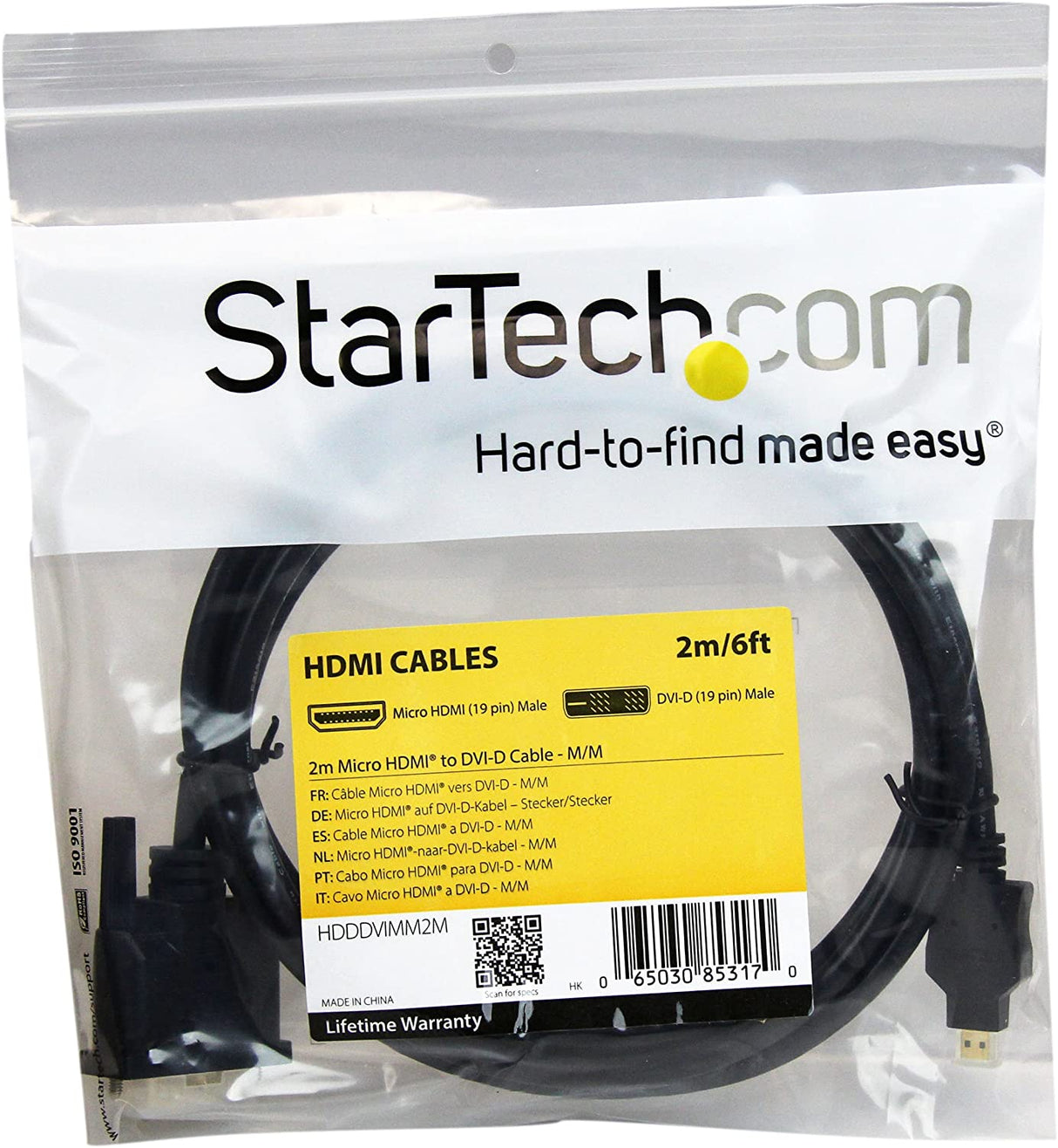 StarTech.com 2m Micro HDMI to DVI-D Cable - M/M - 2 meter Micro HDMI to DVI Cable - 19 pin HDMI (D) Male to DVI-D Male - 1920x1200 Video (HDDDVIMM2M),Black,6 ft / 2m 6 ft / 2m Micro HDMI to DVI