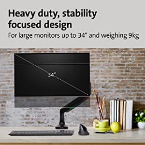 Kensington Single Monitor Arm with Vesa Mount, Adjustable Gas Spring Desk Monitor Arm, SmartFit® One-Touch Heavy Duty Monitor Stand for Ultrawide Monitors Up to 34 Inches, 19.8lbs - Black (K59600WW) single arm black