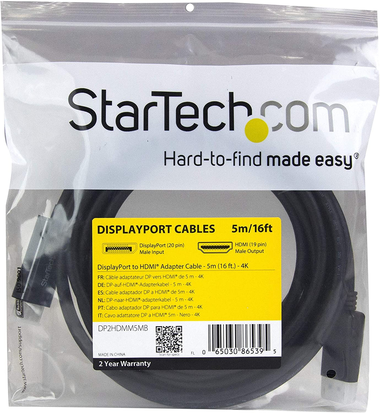 StarTech.com 16ft (5m) DisplayPort to HDMI Cable - 4K 30Hz - DisplayPort to HDMI Adapter Cable - DP 1.2 to HDMI Monitor Cable Converter - Latching DP Connector - Passive DP to HDMI Cord (DP2HDMM5MB) 16 feet Single