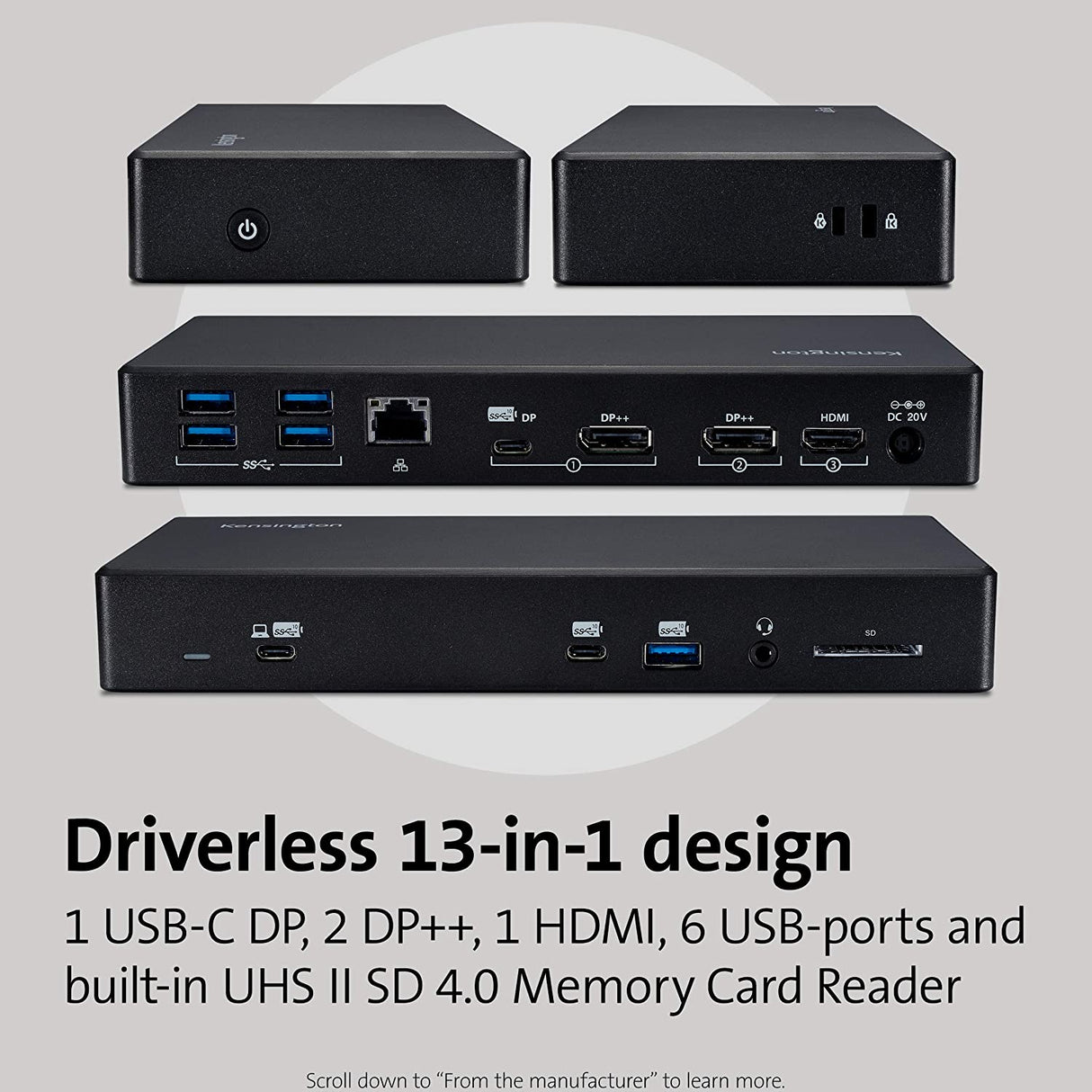 Kensington SD4850P USB-C Docking Station for Dell, HP, Lenovo, Surface, PixelBook, Pixel Slate- Dual 4K Video, 100W PD (K34115NA)