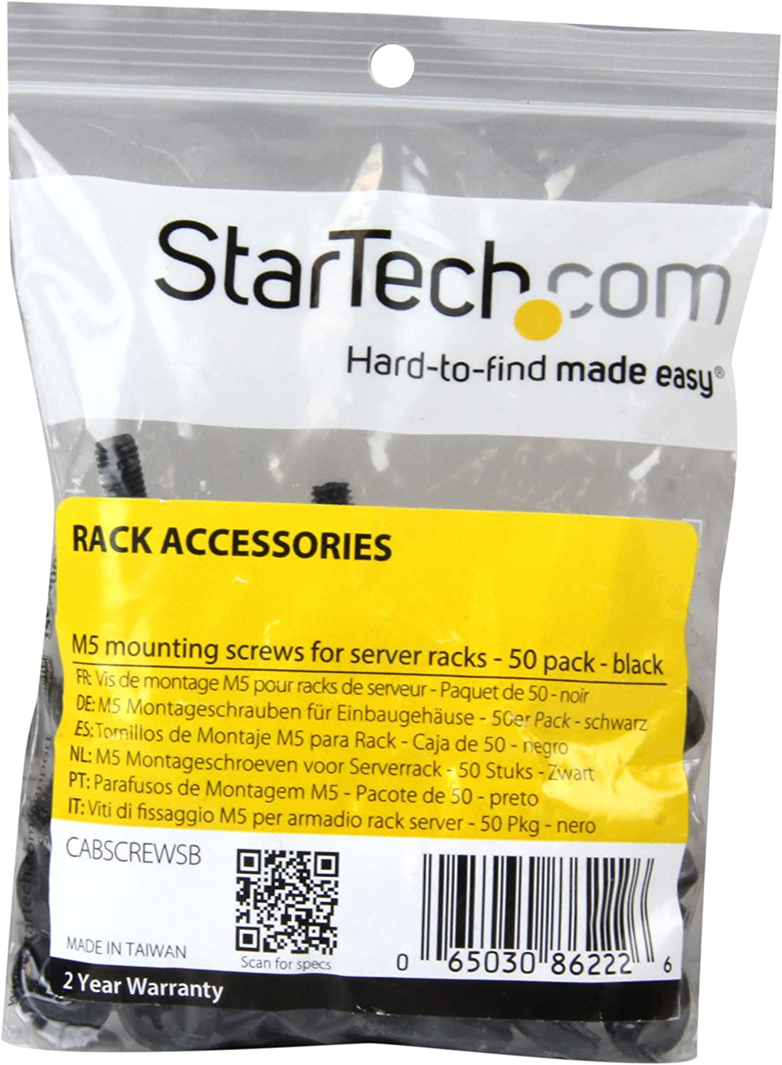 StarTech.com M5 x 12mm - Screws - 50 Pack, Black - M5 Mounting Screws for Server Rack &amp; Cabinet (CABSCREWSB) 50x M5 Black Mounting Screws