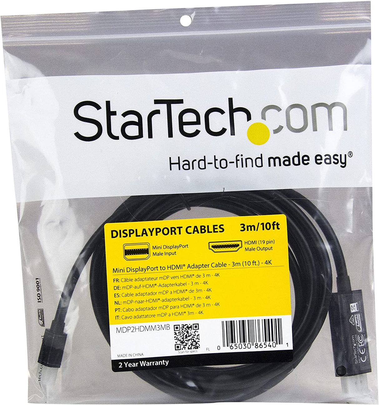 StarTech.com 10ft (3m) Mini DisplayPort to HDMI Cable - 4K 30Hz Video - mDP to HDMI Adapter Cable - Mini DP or Thunderbolt 1/2 Mac/PC to HDMI Monitor/Display - mDP to HDMI Converter Cord (MDP2HDMM3MB) 10 ft / 3 m Black