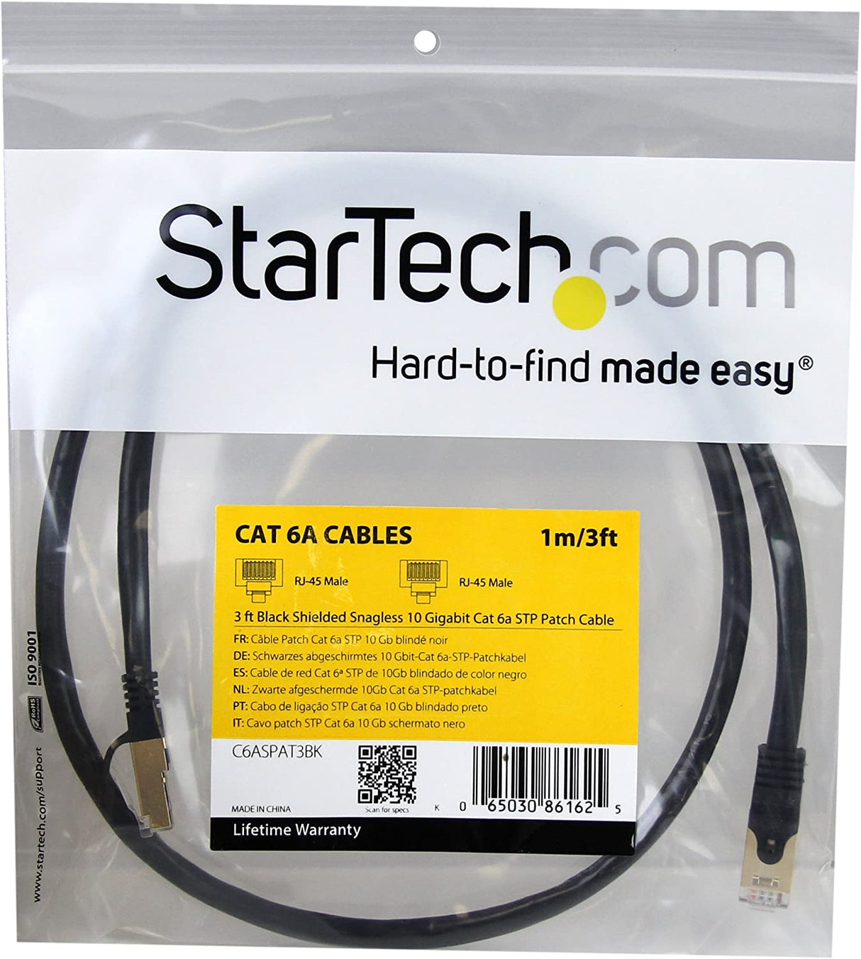 StarTech.com 3ft CAT6a Ethernet Cable - 10 Gigabit Shielded Snagless RJ45 100W PoE Patch Cord - 10GbE STP Network Cable w/Strain Relief - Black Fluke Tested/Wiring is UL Certified/TIA (C6ASPAT3BK) 3 ft Black