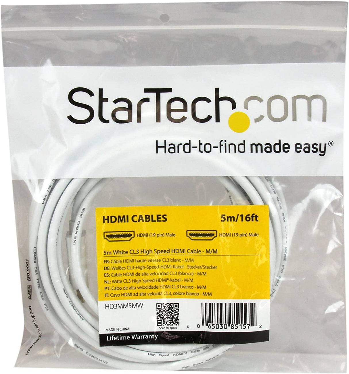 StarTech.com 5m / 16 ft CL3 Rated HDMI Cable w/ Ethernet - In Wall Rated Ultra HD HDMI Cable - 4K 30Hz UHD High Speed HDMI Cable - 10.2 Gbps - HDMI 1.4 Video/Display Cable - 30AWG, White (HD3MM3MW) 16 ft/5 m