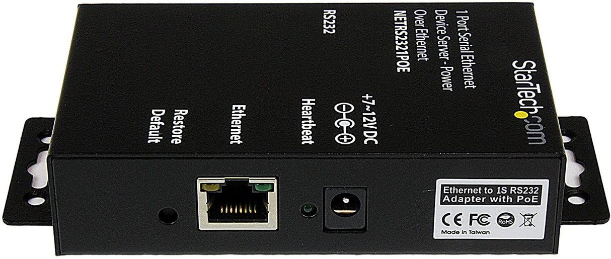 StarTech.com 1 Port RS232 Serial Ethernet Device Server - PoE Power Over Ethernet - Serial Over IP Device Server Adapter - PoE-Powered (NETRS2321POE)